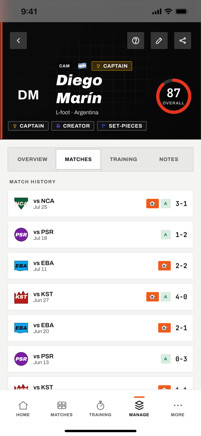 Squad IQ player profile showing an example player’s match history and contribution