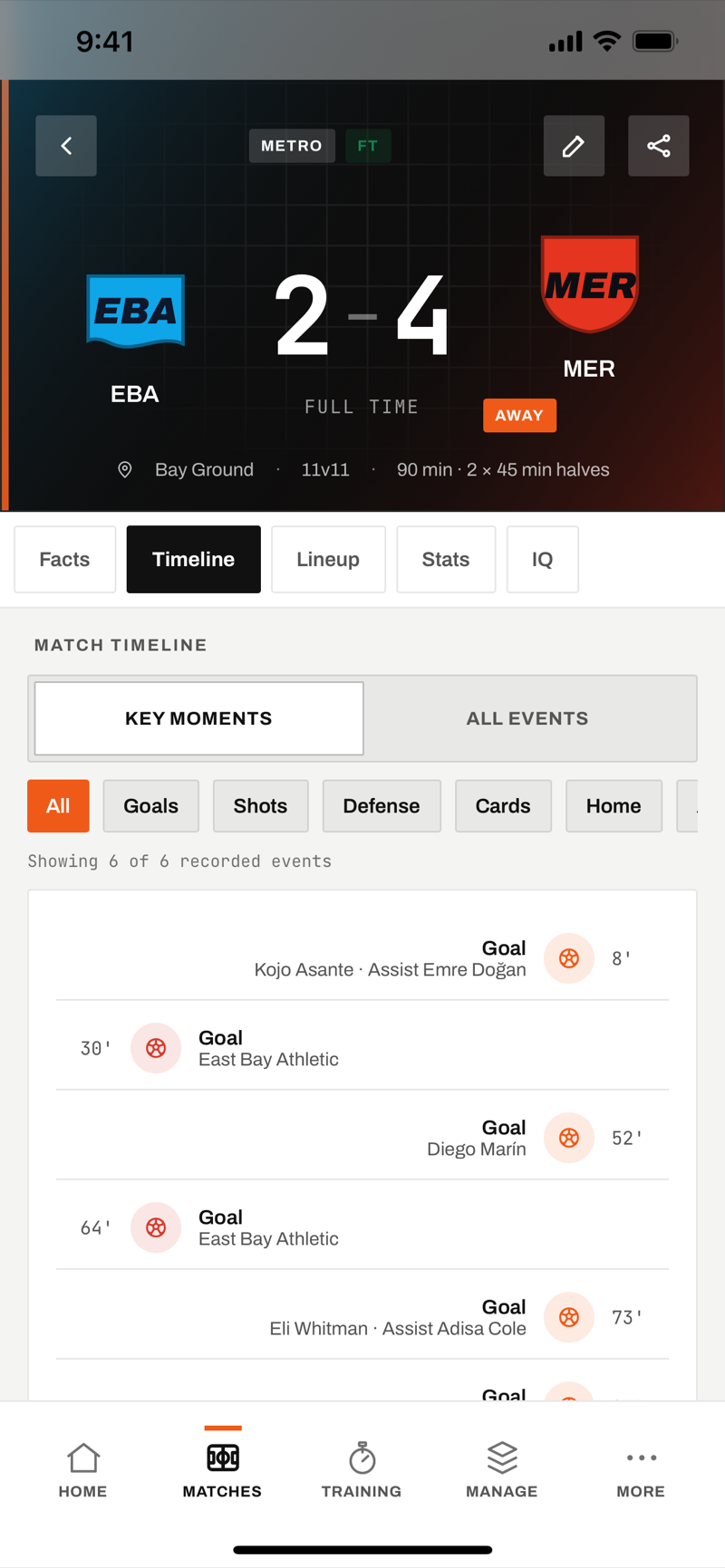 Squad IQ match timeline showing recorded goals and assists for an example match