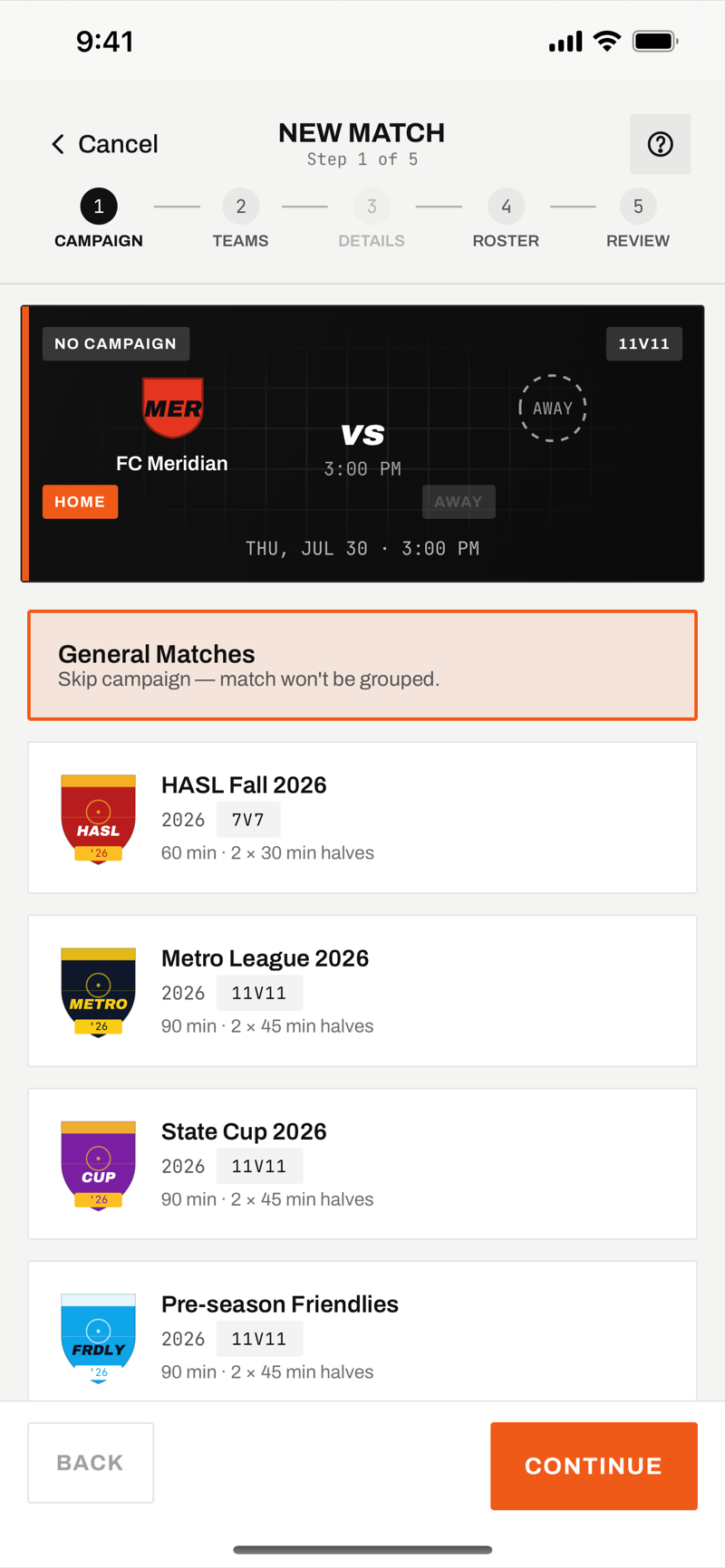 Match setup step 1: choosing a competition or general match