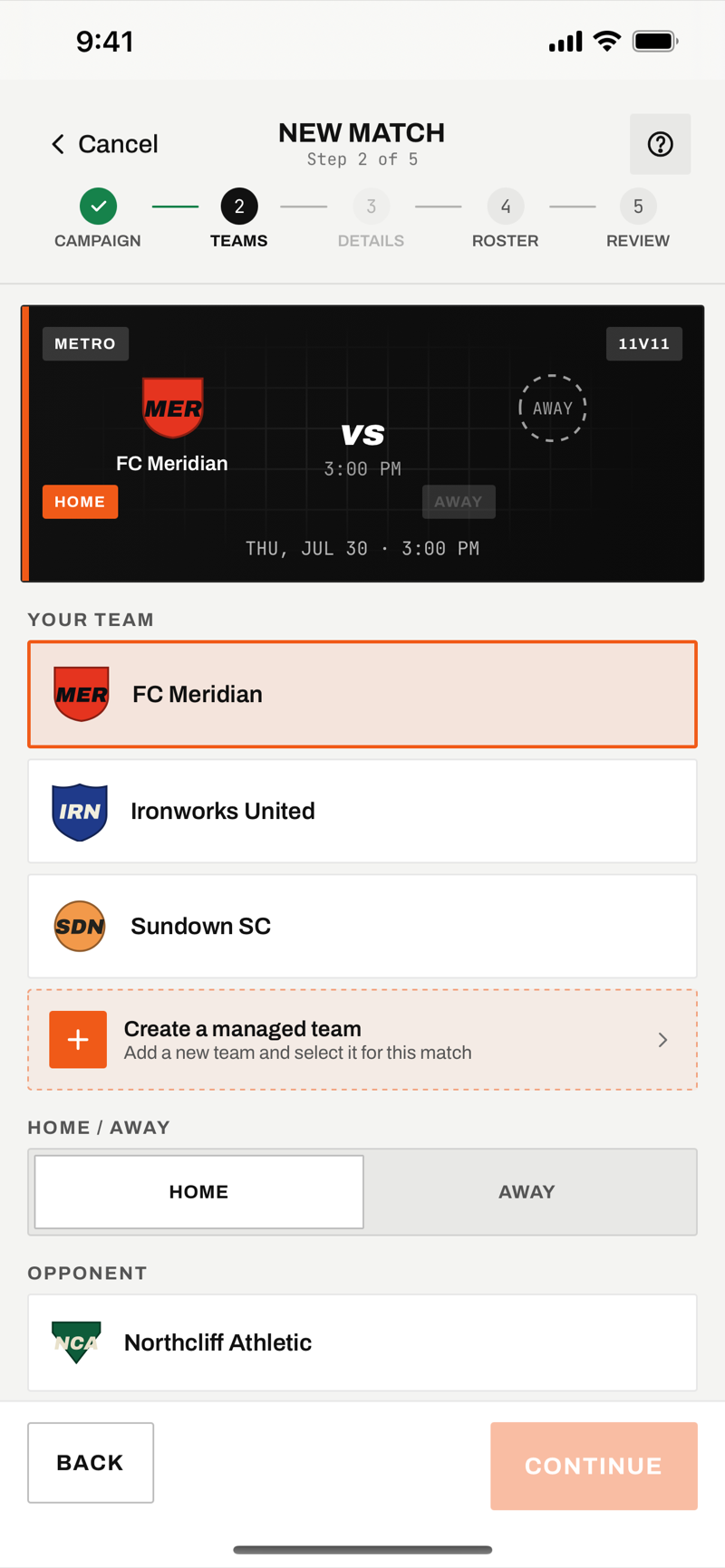 Match setup step 2: selecting the managed team, home or away, and the opponent
