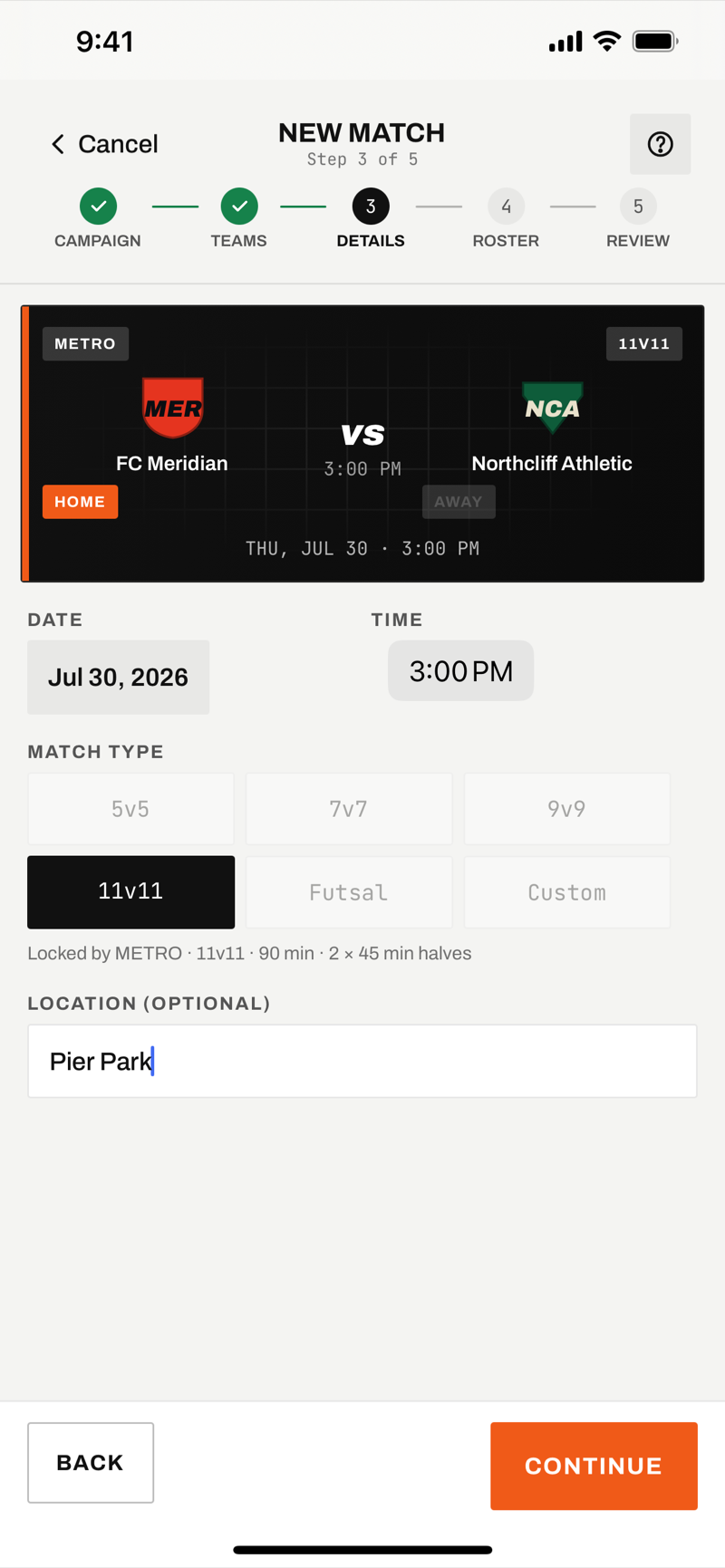 Match setup step 3: setting the date, time, match format and location