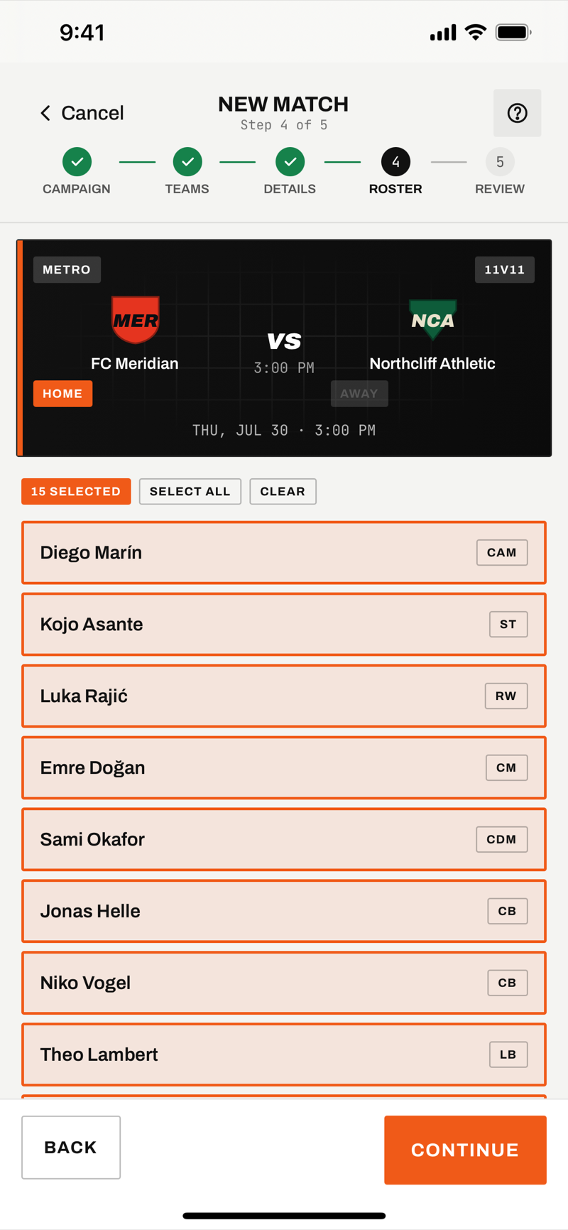 Match setup step 4: selecting the available squad for the fixture