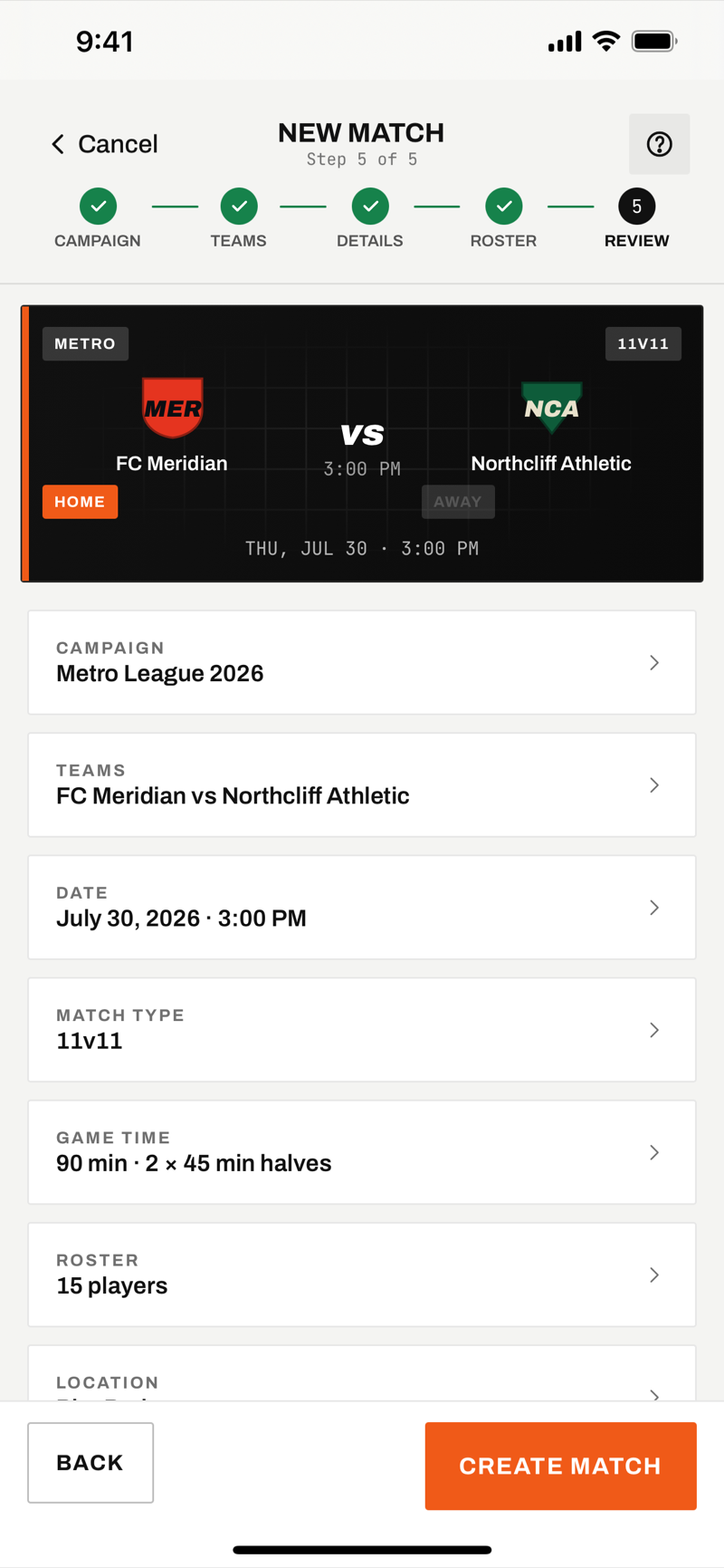 Match setup step 5: reviewing the complete fixture before creating it
