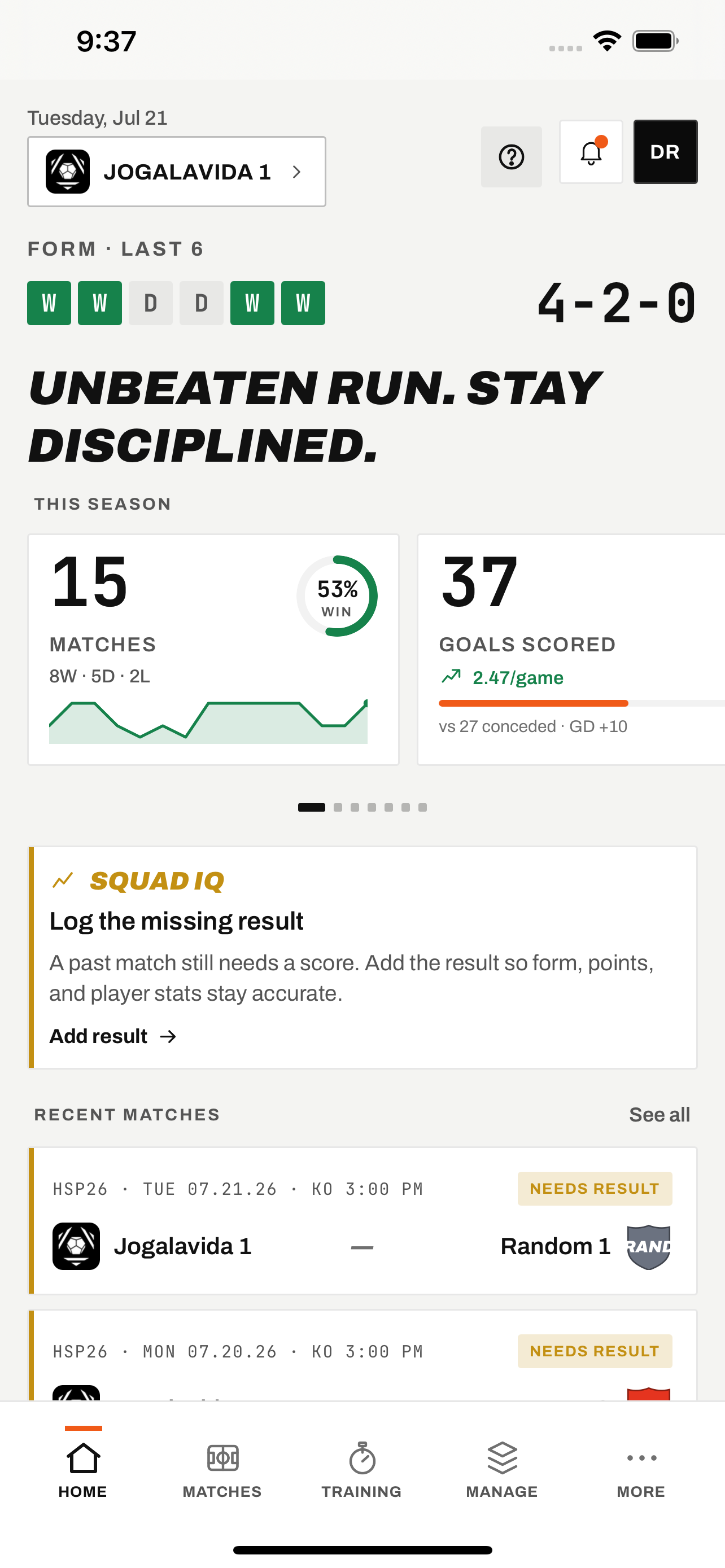 Squad IQ app dashboard